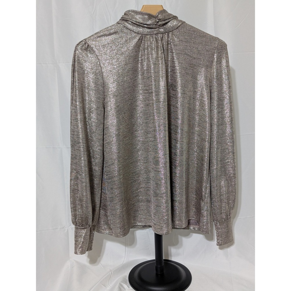 Skies Are Blue Silver Metallic Mock Neck Long Sleeve Blouse Small Holiday Party